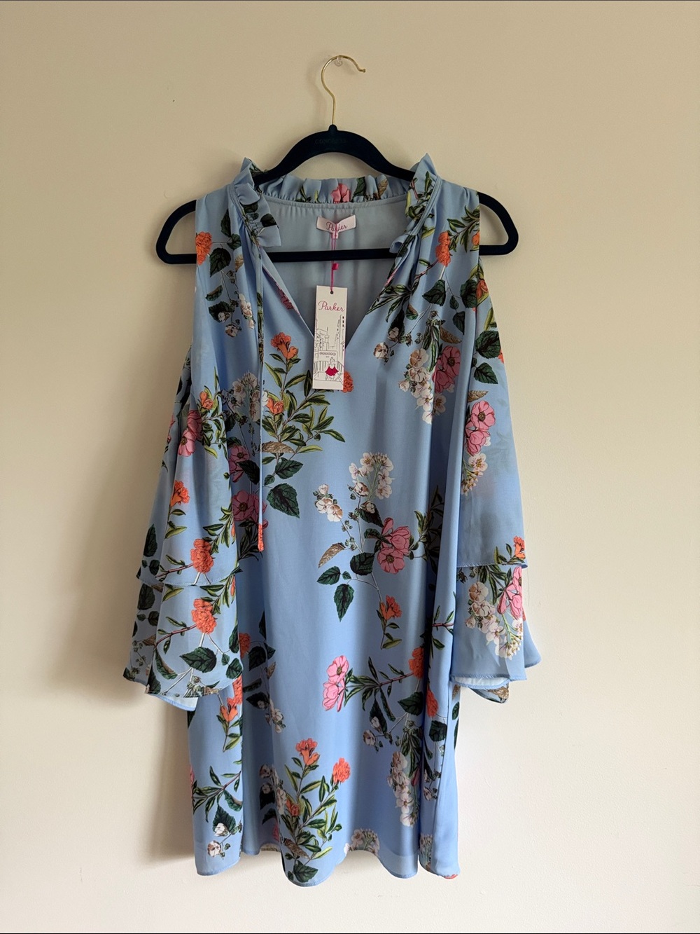 NWT Parker Sky Blue Floral Shoulder Dress Flowy Feminine Size 8